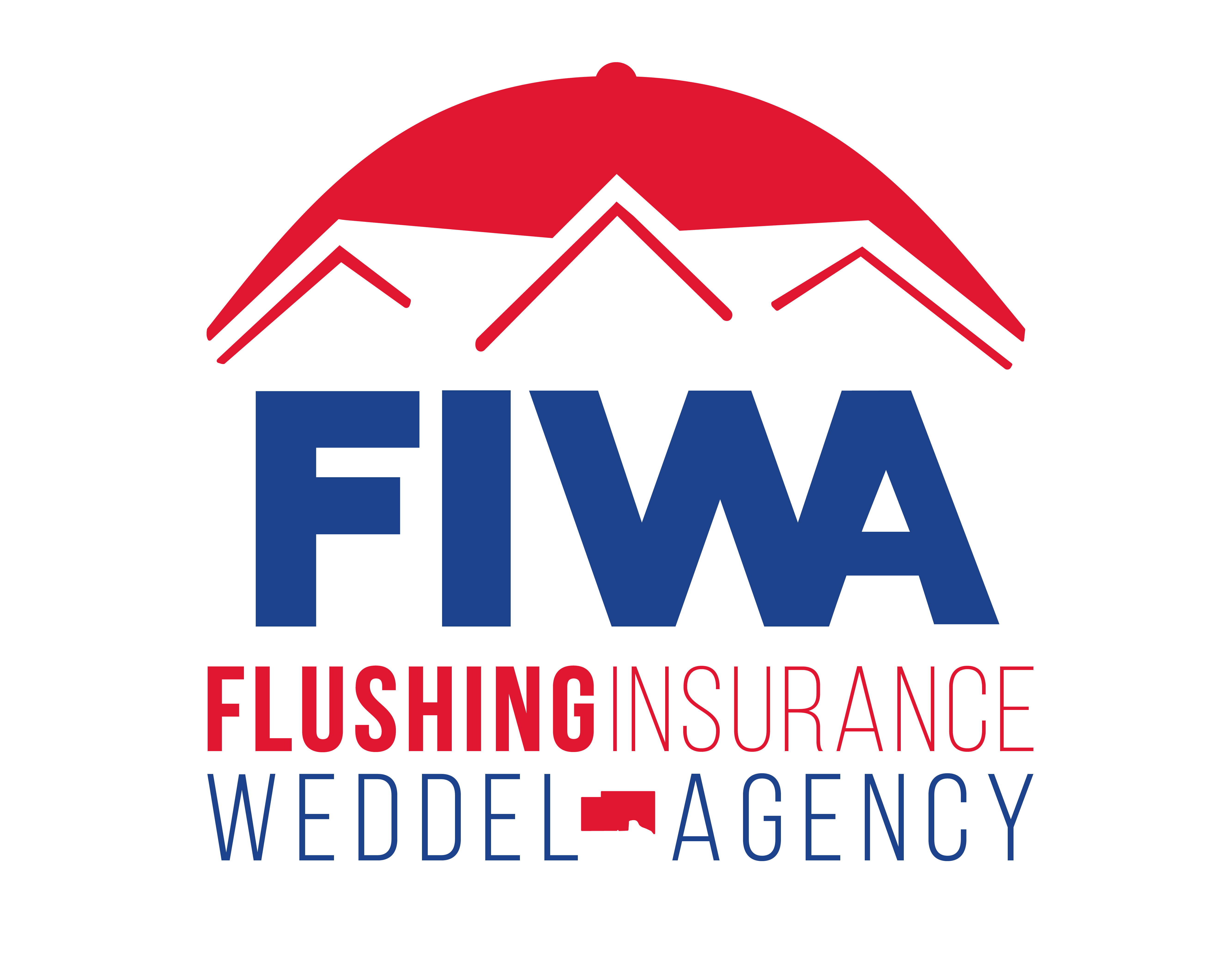 Flushing Insurnace Weddel Agency Logo consisting of a red umbrella over red rooftops with FIWA and the company name underneath.